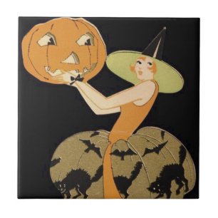 Azulejo De Cerâmica Bruxa Art Déco Abóbora Jack O Lantern Gato Preto