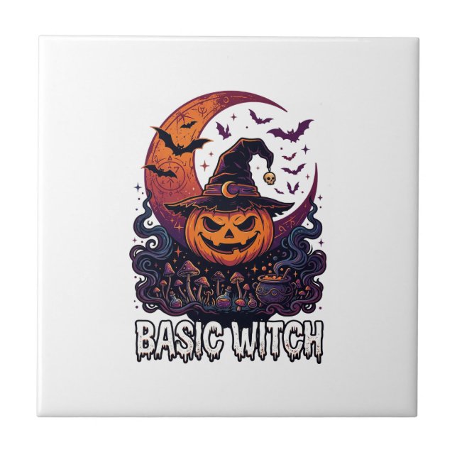 Azulejo De Cerâmica Bruxa Básica de Halloween Abóbora Lua Crescente Ca (Frente)