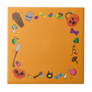 Azulejo De Cerâmica Bruxa Cute do Halloween Vassoura laranja