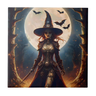 Azulejo De Cerâmica Bruxa da Floresta Steampunk do Halloween