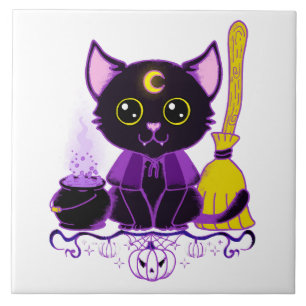 Azulejo De Cerâmica Bruxa de Gato Preto de Halloween Fofo