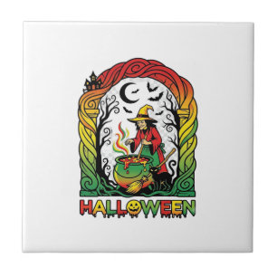 Azulejo De Cerâmica Bruxa de Halloween Caldeirão Fermentação Gato Pret
