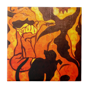 Azulejo De Cerâmica Bruxa de Halloween com um Gato Negro
