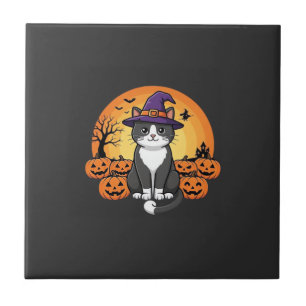 Azulejo De Cerâmica Bruxa de Halloween Gato Abóbora Lua Design_1