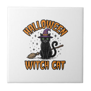 Azulejo De Cerâmica Bruxa de Halloween Gato Desenho de Gravura Vintage