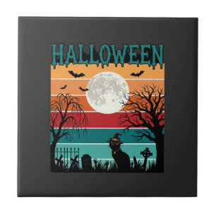 Azulejo De Cerâmica Bruxa de Halloween Gato Teia de Aranha Lua Cemitér