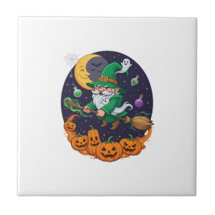 Azulejo De Cerâmica Bruxa de Halloween Gnome Vassoura Abóboras Lua