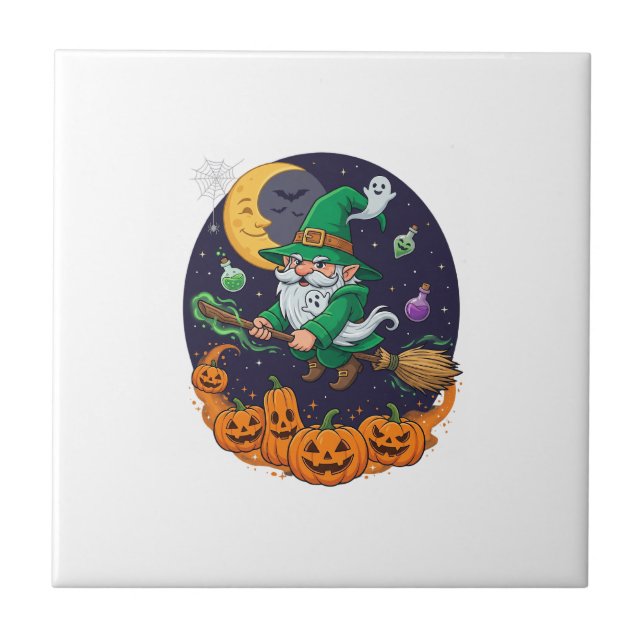 Azulejo De Cerâmica Bruxa de Halloween Gnome Vassoura Abóboras Lua (Frente)
