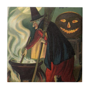 Azulejo De Cerâmica Bruxa de Halloween Vintage Mexendo Caldeirão Mágic