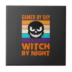 Azulejo De Cerâmica Bruxa Gamer Halloween Crânio Retro