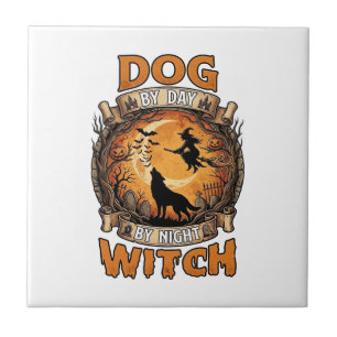 Azulejo De Cerâmica Bruxa Noturna do Dia do Cão Halloween Lua do Lobo