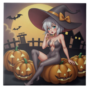 Azulejo De Cerâmica Bruxa Quente no Pomar de Abóboras de Halloween