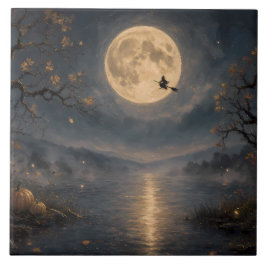 Azulejo De Cerâmica Bruxa sob a Lua Cheia no Lago de Halloween Gótico