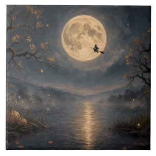 Azulejo De Cerâmica Bruxa sob a Lua Cheia no Lago de Halloween Gótico