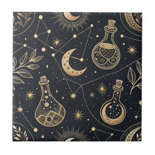 Azulejo De Cerâmica Bruxaria Celestial - Lua Dourada, Frascos de Poção