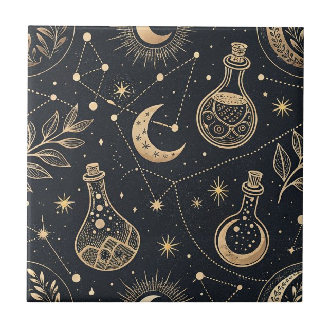 Azulejo De Cerâmica Bruxaria Celestial - Lua Dourada, Frascos de Poção (Frente)