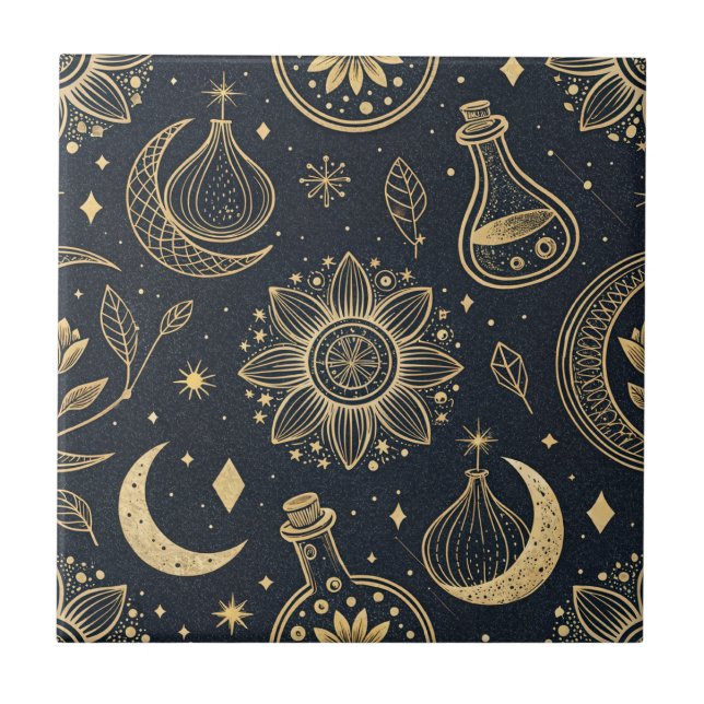Azulejo De Cerâmica Bruxaria Celestial Mística - Botânica Dourada (Frente)
