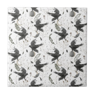 Azulejo De Cerâmica Bruxaria de Plantas Negras, Luas e Plantas Selvage