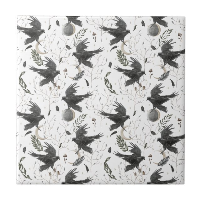 Azulejo De Cerâmica Bruxaria de Plantas Negras, Luas e Plantas Selvage (Frente)