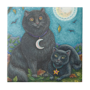 AZULEJO DE CERÂMICA  BUBO E PYEWACKET GATOS NEGROS, HALLOWEEN FOLK ART