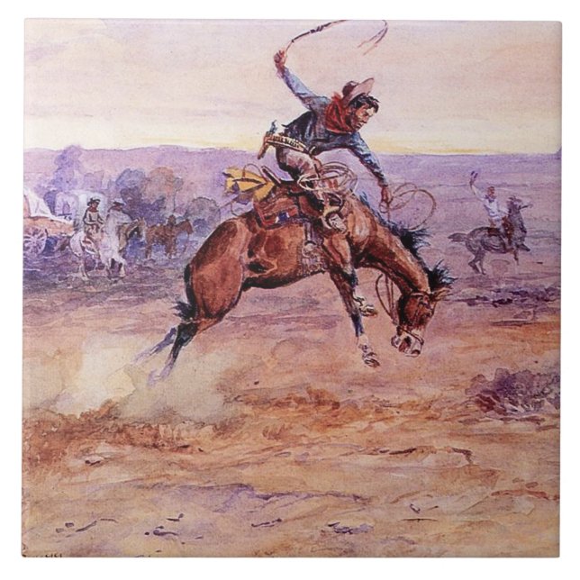 Azulejo De Cerâmica "Bucking Bronco" Cowboy Art de Charles Russell (Frente)