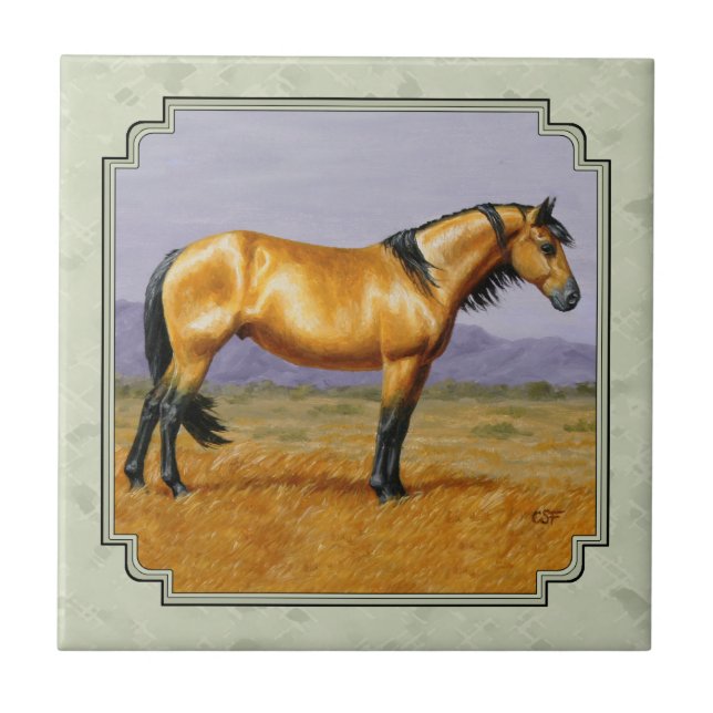 Azulejo De Cerâmica Buckskin Horse Mustang Stallion Sage Green (Frente)