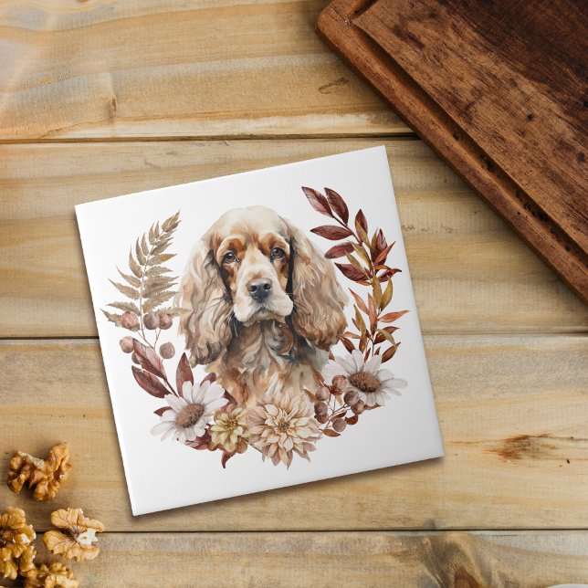 Azulejo De Cerâmica Buff American Cocker Spaniel Dog Autumn Wreath (Criador carregado)