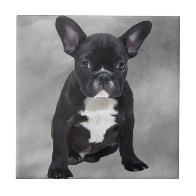 Azulejo De Cerâmica Buldogue Francês Sentado Aquarela Pintura Óleo (Frente)