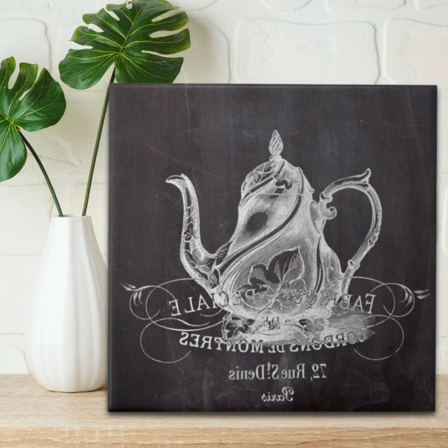 Azulejo De Cerâmica Bule de chaleira Alice no chá das Maravilhas (Chalkboard teapot Alice in Wonderland tea party Tile)