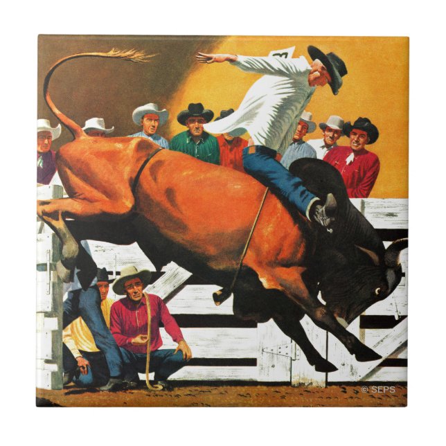 Azulejo De Cerâmica Bull Riding by Fred Ludekens (Frente)