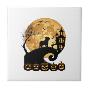 Azulejo De Cerâmica Bulldog Francês de Halloween Lua Abóboras Assustad