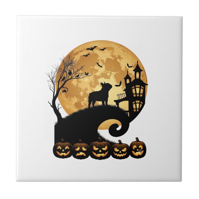 Azulejo De Cerâmica Bulldog Francês de Halloween Lua Abóboras Assustad (Frente)