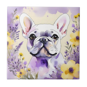 Azulejo De Cerâmica Bulldog francês e flores silvestres