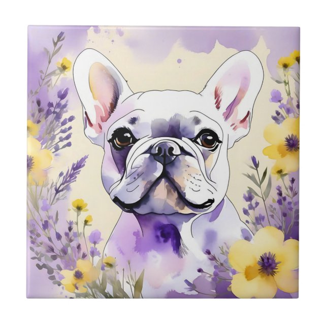 Azulejo De Cerâmica Bulldog francês e flores silvestres (Frente)