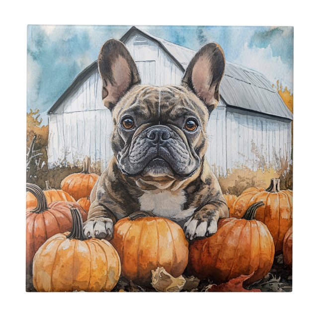 Azulejo De Cerâmica Bulldog Francês no Pumpkin Patch (Frente)