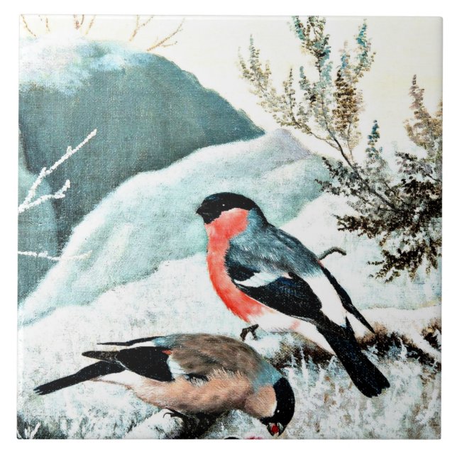 Azulejo De Cerâmica Bullfinches na Paisagem de Inverno (Frente)