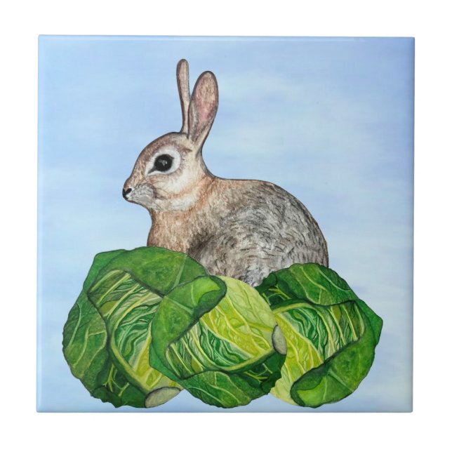 Azulejo De Cerâmica Bunny Cabbage Blue Ceramic Tile (Frente)