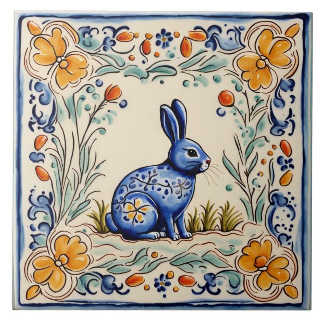 Azulejo De Cerâmica Bunny Rabbit Mediterrâneo Folk Arte Animal (Frente)