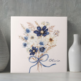 Azulejo De Cerâmica Buquê de Flores Azul Marinho Aquarela Personalizad