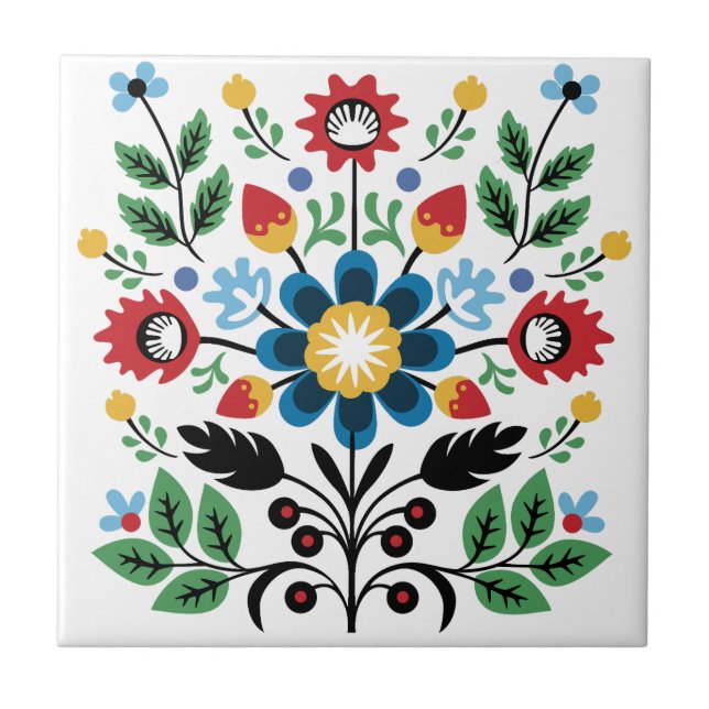 Azulejo De Cerâmica Buquê de Flores de Arte Popular Simétrica (Frente)
