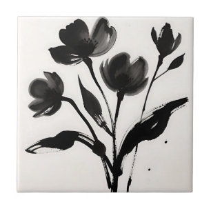 Azulejo De Cerâmica Buquê de Flores de Tinta Preta