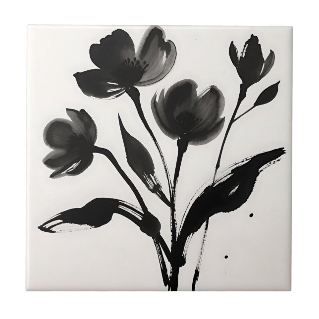 Azulejo De Cerâmica Buquê de Flores de Tinta Preta (Frente)