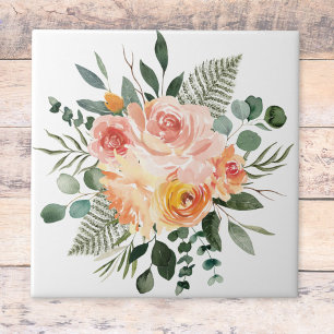 Azulejo De Cerâmica Buquê de Flores Rosa e Pêssego em Aquarela Outonal