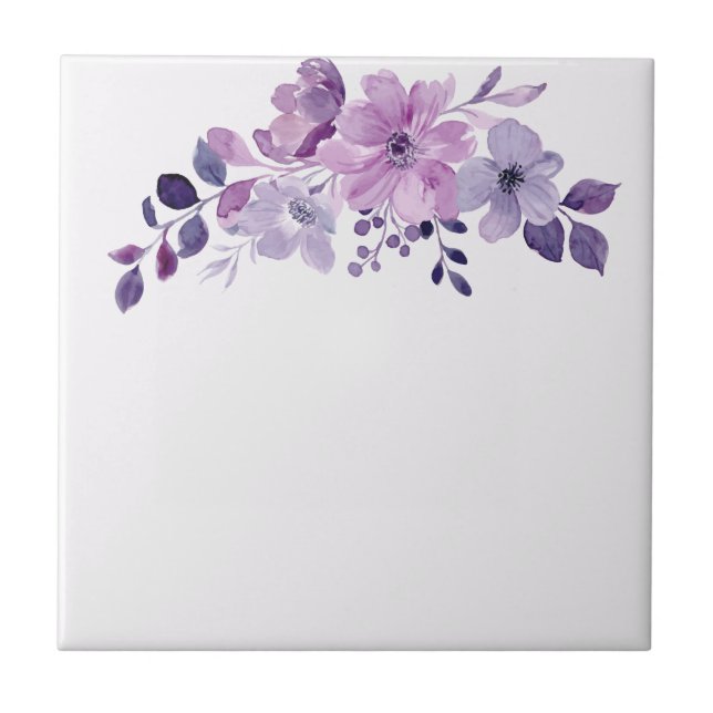Azulejo De Cerâmica Buquê de flores roxas em aquarela (Frente)
