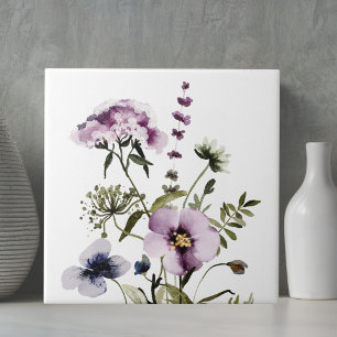 Azulejo De Cerâmica Buquê de Flores Silvestres Roxas Aquarela Floral