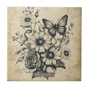 Azulejo De Cerâmica Buquê de Margarida Rosa Borboleta Sépia Vintage