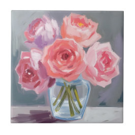 Azulejo De Cerâmica Buquê de Peônia Rosa Pintado com Aquarela Floral