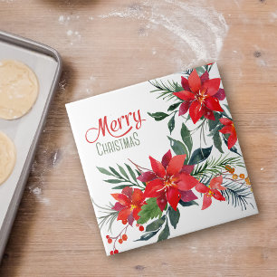 Azulejo De Cerâmica Buquê de Poinsettia Vermelha com Aquarela Natal