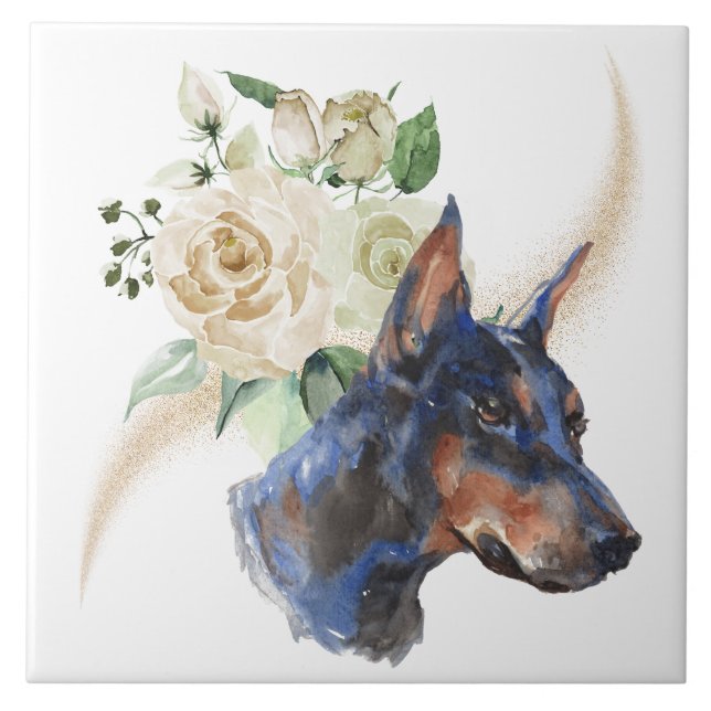 Azulejo De Cerâmica Buquê de Rosa Branco Doberman Pinscher Cão (Frente)
