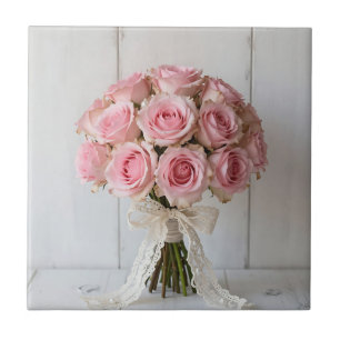 Azulejo De Cerâmica Buquê de Rosa Rosa com Renda Pérola Romântica